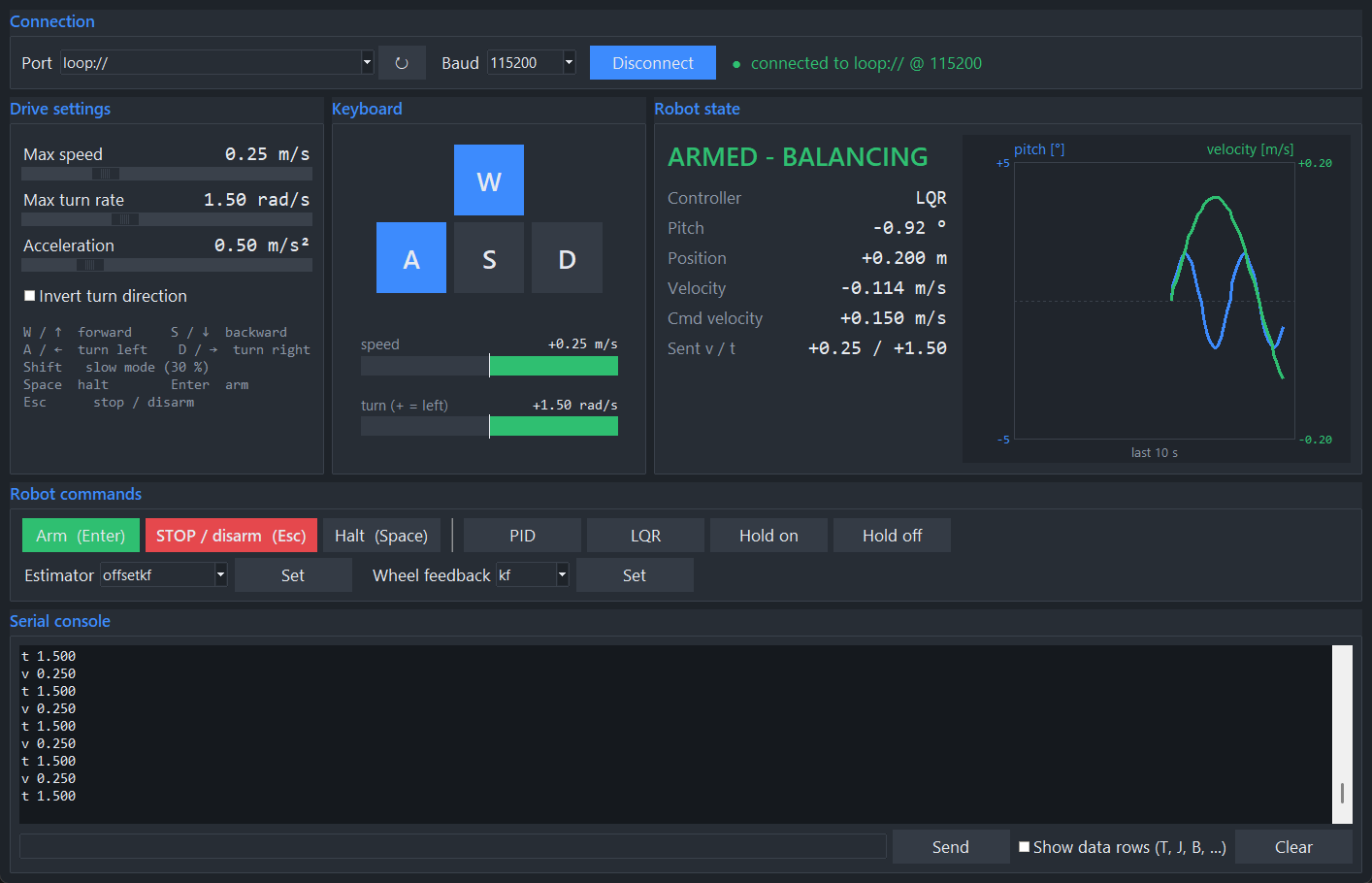 Keyboard teleoperation app with connection controls, motion commands and live telemetry