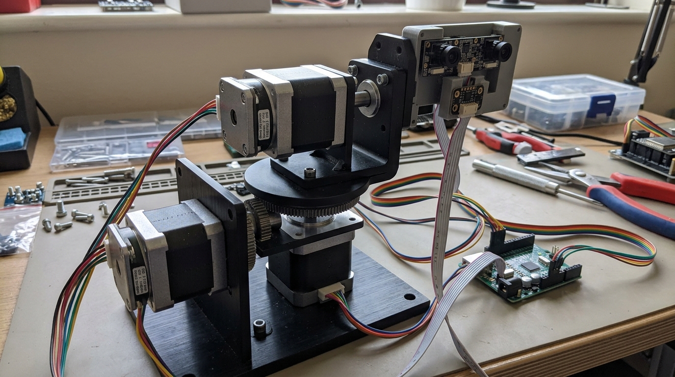 Bench photograph of the assembled two-axis tracking platform, mounted sensor modules, wiring and controller board